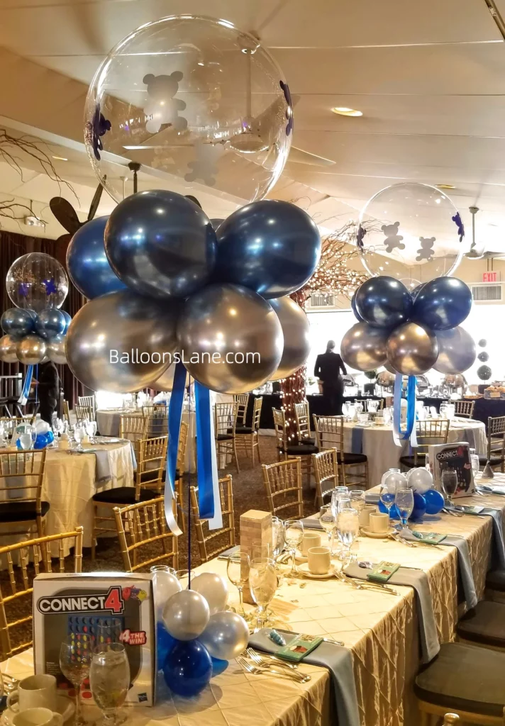 Bubble balloon Communion balloon bouquet with blue and silver balloons in Brooklyn