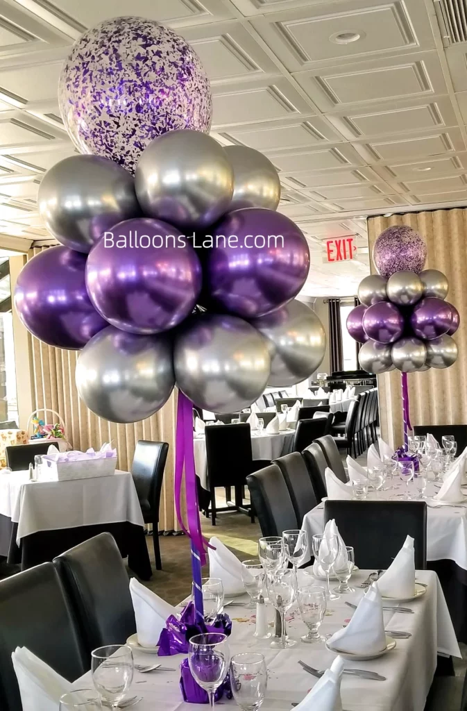 Purple and Silver Chrome Balloon Bouquet with Purple Confetti in Brooklyn