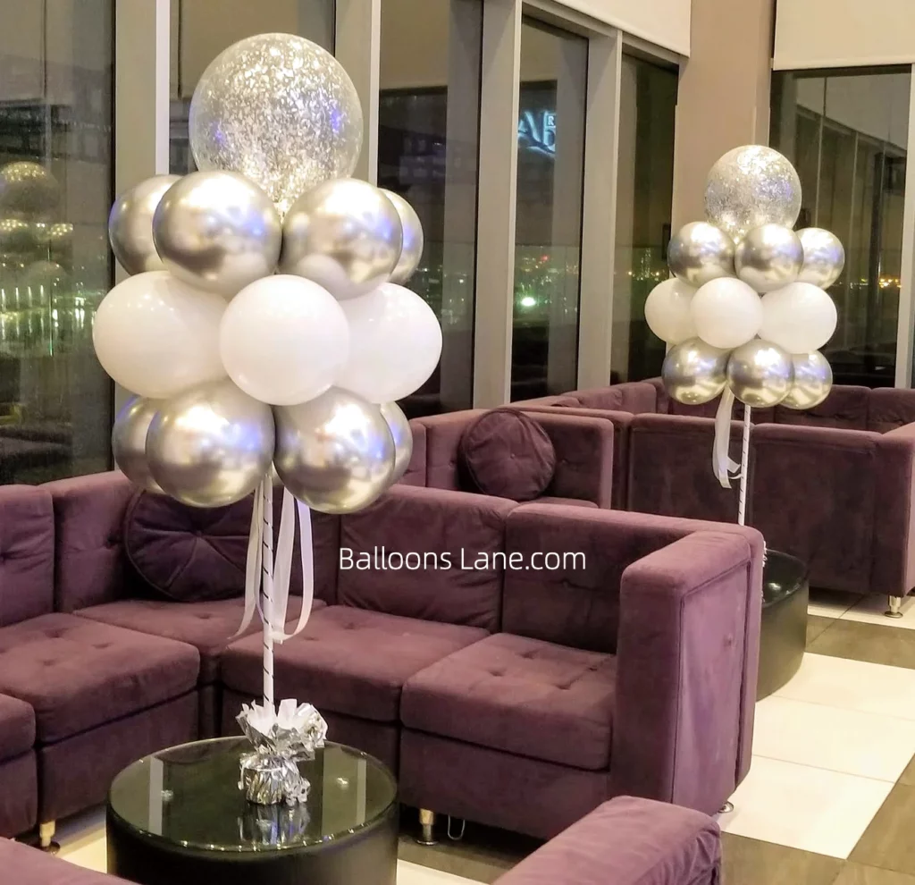 White and Silver Chrome Balloon Bouquet with Silver Confetti in Brooklyn