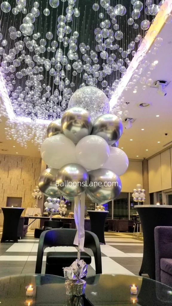 Large Silver Confetti Balloon with Silver and Chrome White Balloon Bouquet in Brooklyn to Celebrate Anniversary, Birthday, or Graduation
