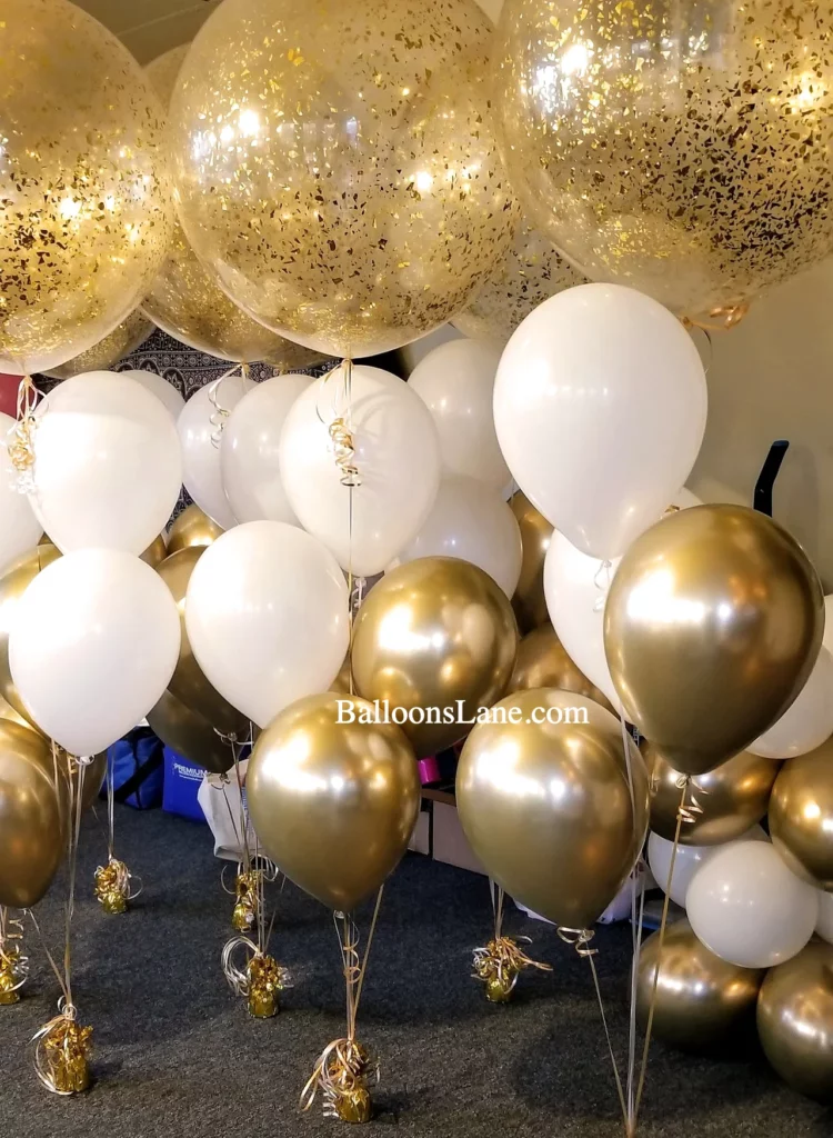 Large Gold Confetti Balloon with White and Chrome Balloon Bouquet in Brooklyn for Anniversary, Birthday, or Graduation Celebration