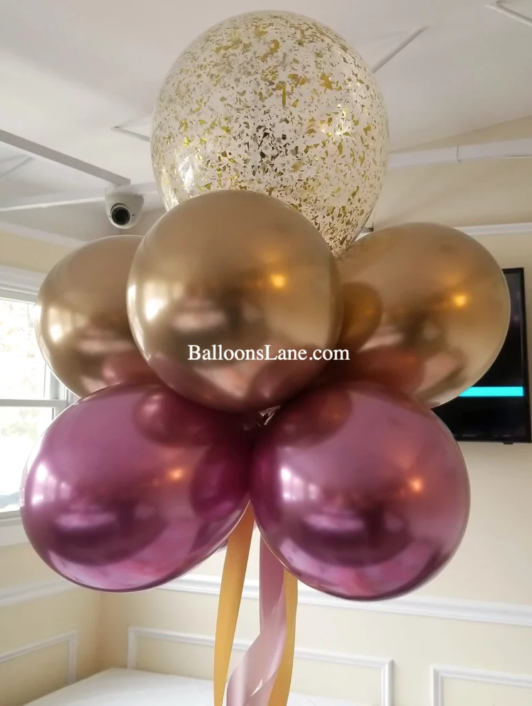 Large Gold Confetti Balloon with Gold and Chrome Pink Balloon Bouquet in Brooklyn for Anniversary, Birthday, or Graduation Celebration