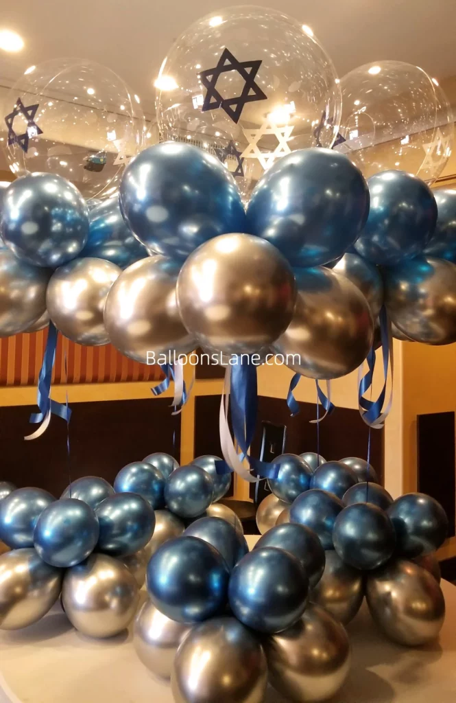 Balloon Lane Presents First Holy Communion in Brooklyn: White Chrome Blue and White Confetti Customized Balloon Bouquet with Communion or Christening Cross Mylar Balloon