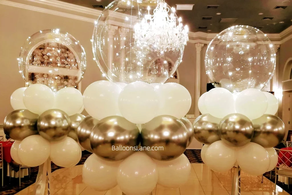 LED bubble balloons with white and gold balloon bouquets for anniversary night in NJ
