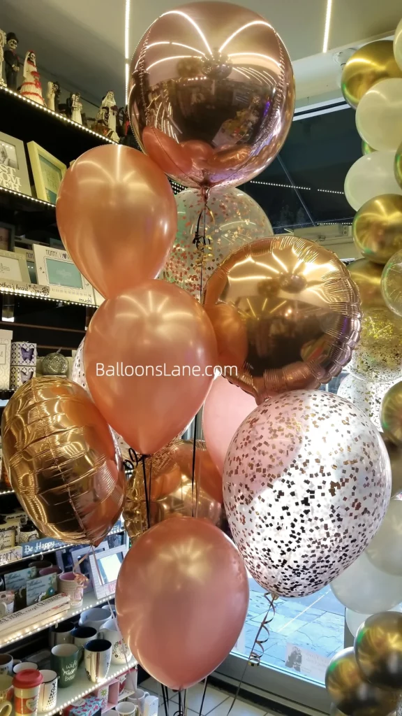 Rose Gold Confetti Balloon Bouquet with Pink Balloons for Birthday Celebration in NJ
