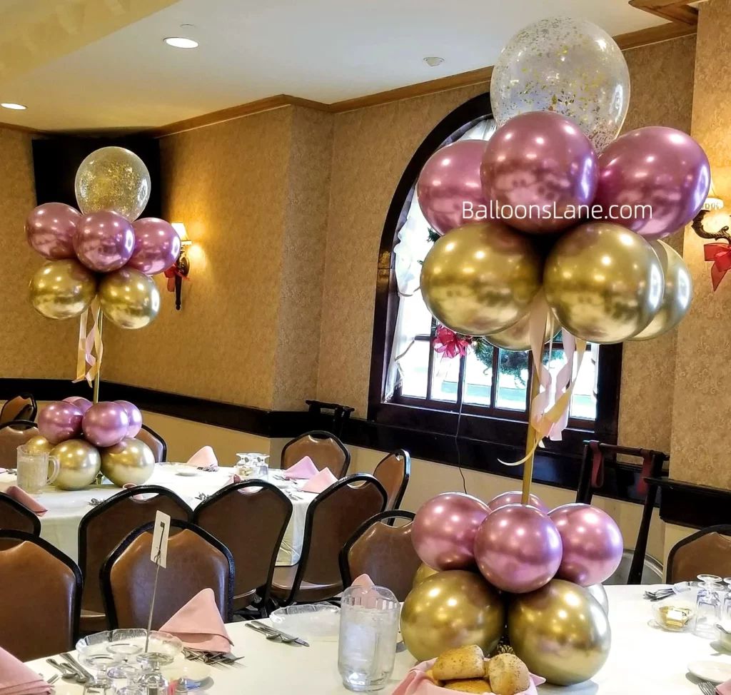 Balloons Lane Presents First Holy Communion in Brooklyn: Pink Chrome Gold and Confetti Customized Balloon Bouquet with Communion or Christening Mylar Balloon