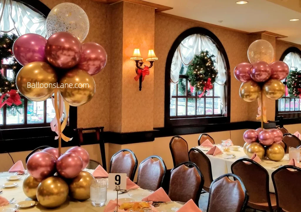 Large Gold Confetti Balloon with Gold and Chrome Pink Balloon Bouquet in Brooklyn to Celebrate Anniversary, Birthday, or Graduation