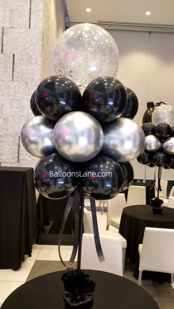 Large Silver Confetti Balloon with Silver and Chrome Black Balloon Bouquet in Brooklyn to Celebrate Anniversary, Birthday, or Graduation