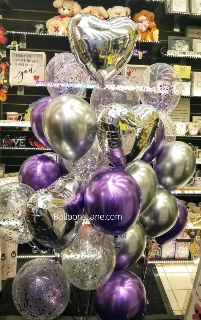 Silver Confetti Balloon with Silver and Chrome Purple Balloons, Silver Heart Balloon Bouquet in Brooklyn to Celebrate Anniversary, Birthday, or Graduation