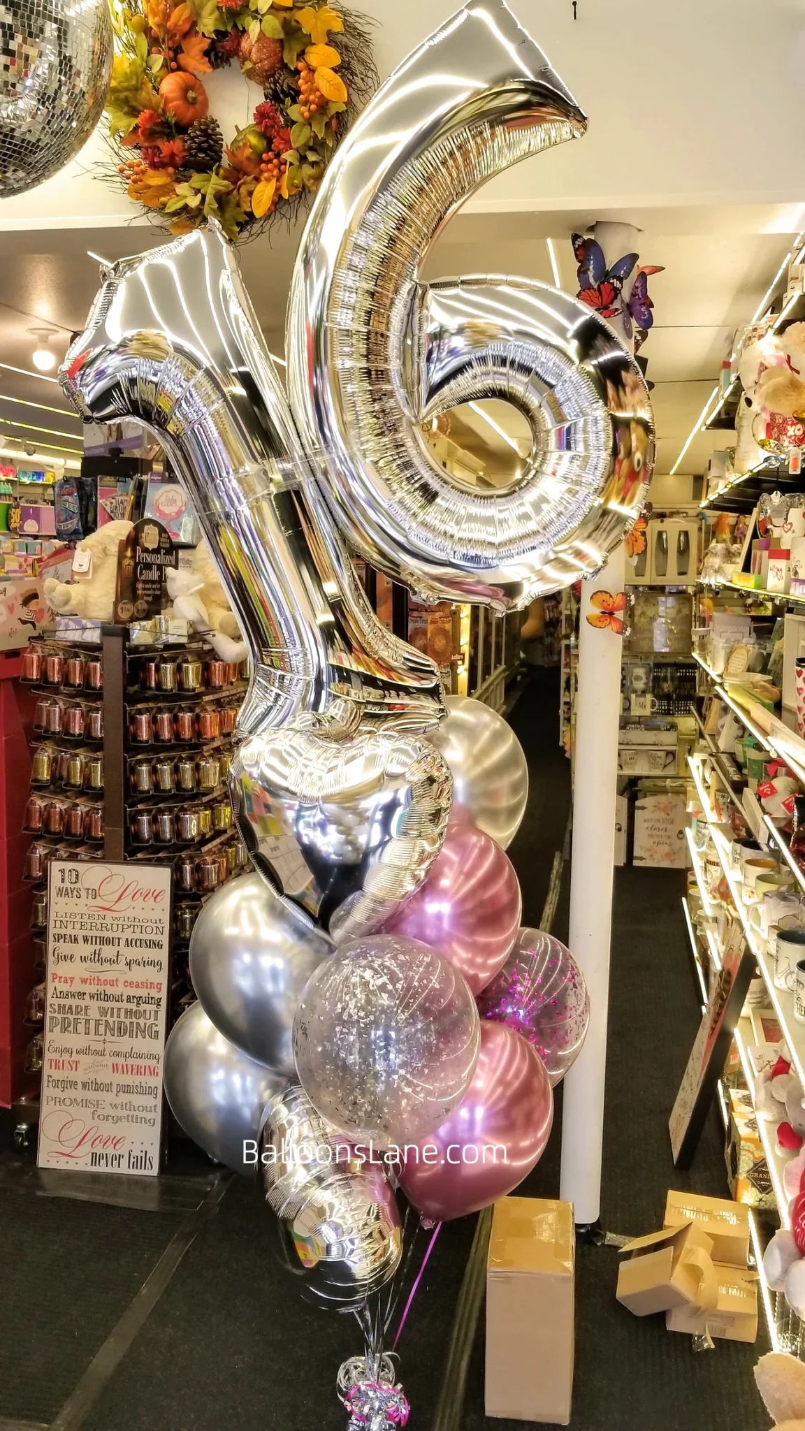Sweet Sixteen Number Balloons Bouquet with Black, Silver Heart-Shaped Balloons, and Pink Confetti Balloons in NYC