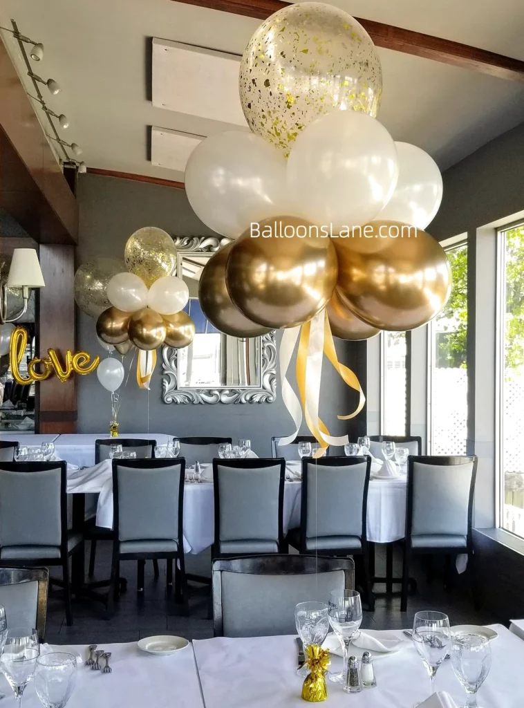 White and gold floating balloons to celebrate engagement in New Jersey