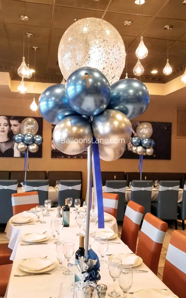 Balloons Lane Presents First Holy Communion in Brooklyn: White Chrome Blue, and White Confetti Customized Balloon Bouquet with Communion or Christening Big Cross Mylar Balloon