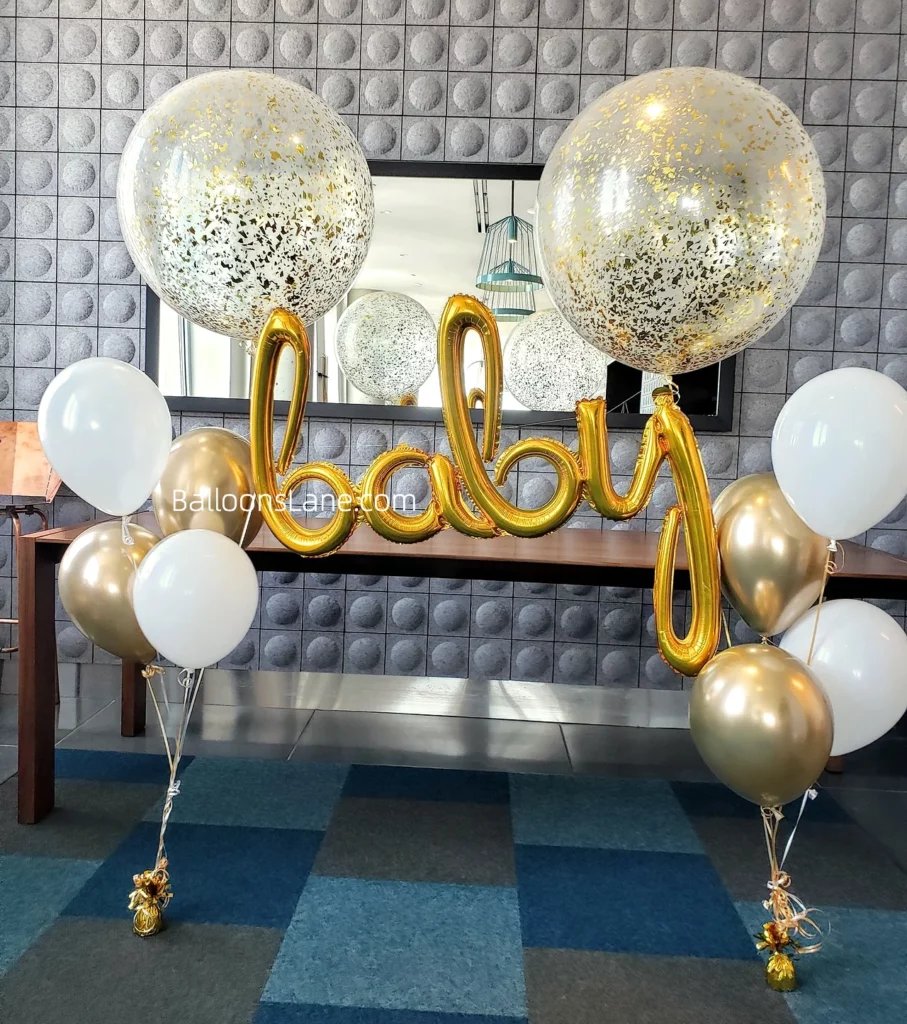 Baby Letter Balloons with Gold Confetti, Chrome Gold, and White Balloon Bouquet in Brooklyn to Celebrate Baby's Birthday
