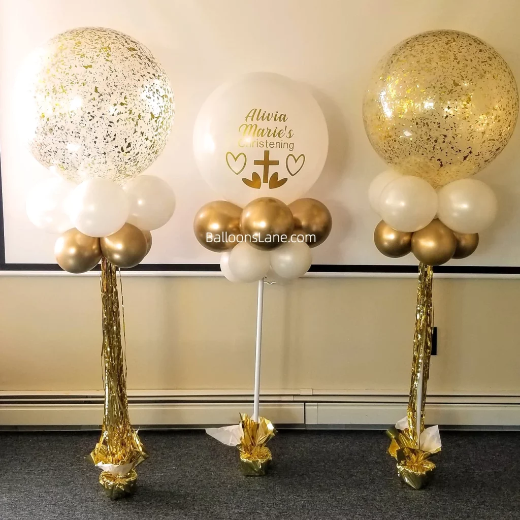 Elegant Christening Balloon Bouquet in Brooklyn with big confetti balloon and customized white balloon with gold latex balloon