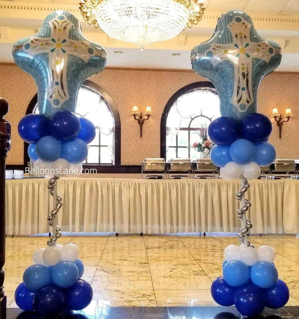 Balloons Lane Balloon Delivery: White, Blue, Caribbean Blue, and Navy Balloons for Communion or Christening Event, with Large Cross Mylar Balloon Floor Column