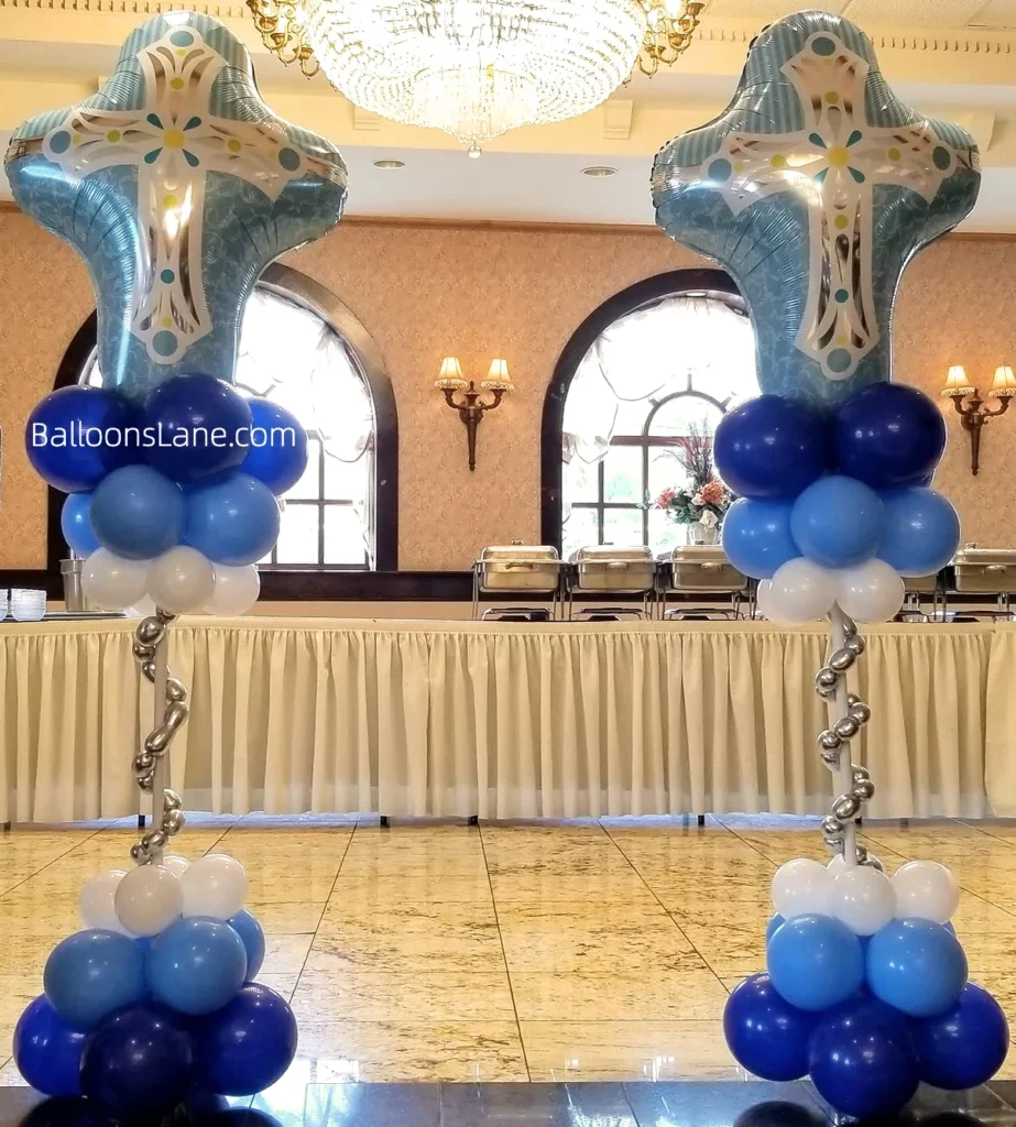 Christening balloon bouquet with symbol balloon along with blue and white latex balloons in Brooklyn