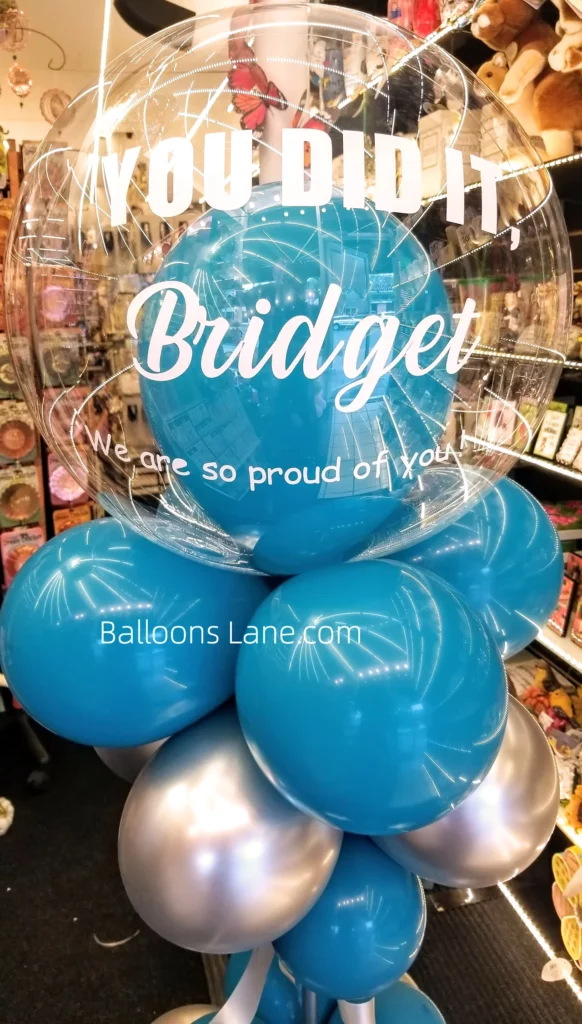 "You Did It" Personalized Bubble Balloon Bouquet with Blue and Silver Latex Balloons in Brooklyn to Celebrate Graduation