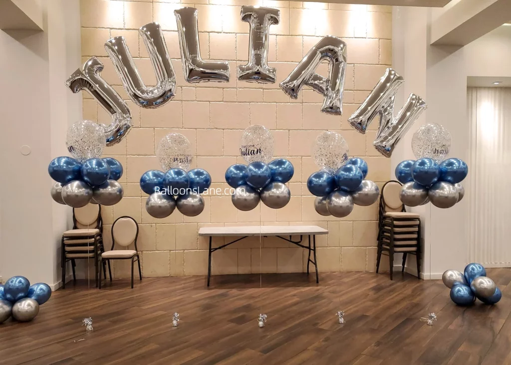 "Name" Letter Balloon in Silver with Blue Chrome Latex Balloon Cluster