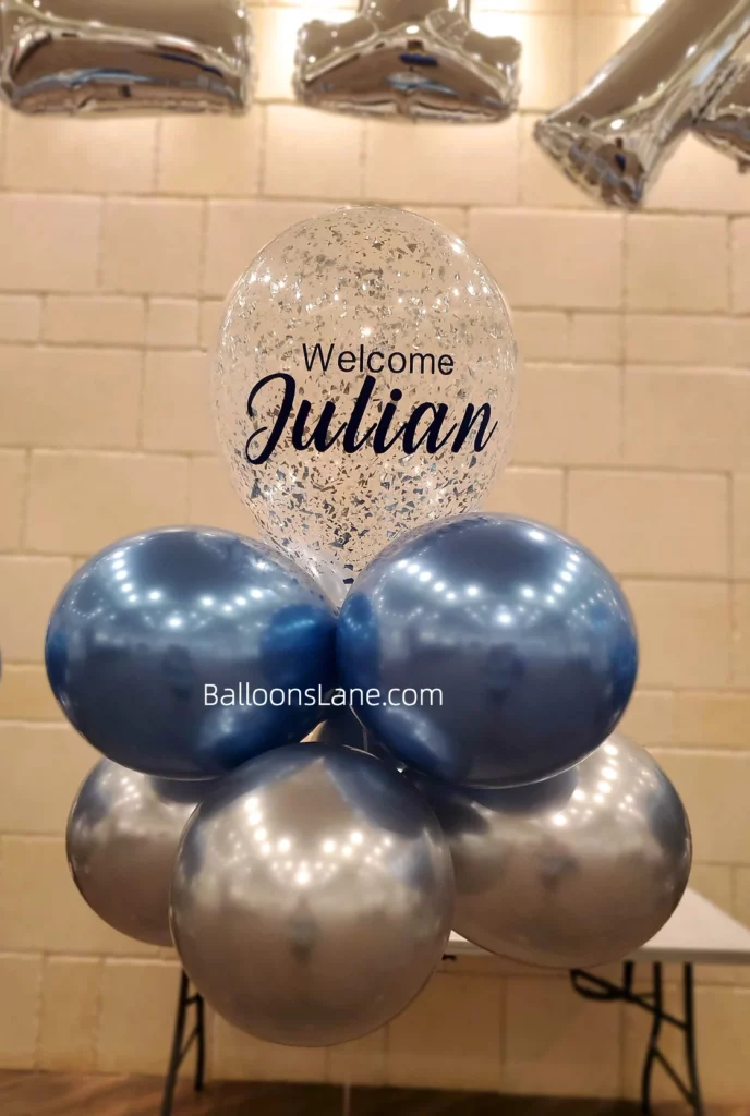 Customized Balloon Cluster with Confetti, Chrome Blue, and Silver Accents, Perfect for Celebrations in Brooklyn