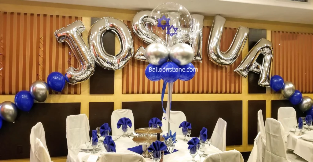 "SILVER" Letters Balloon Arch with Blue Star Foil Balloons and Blue-Silver Latex Balloon Clusters