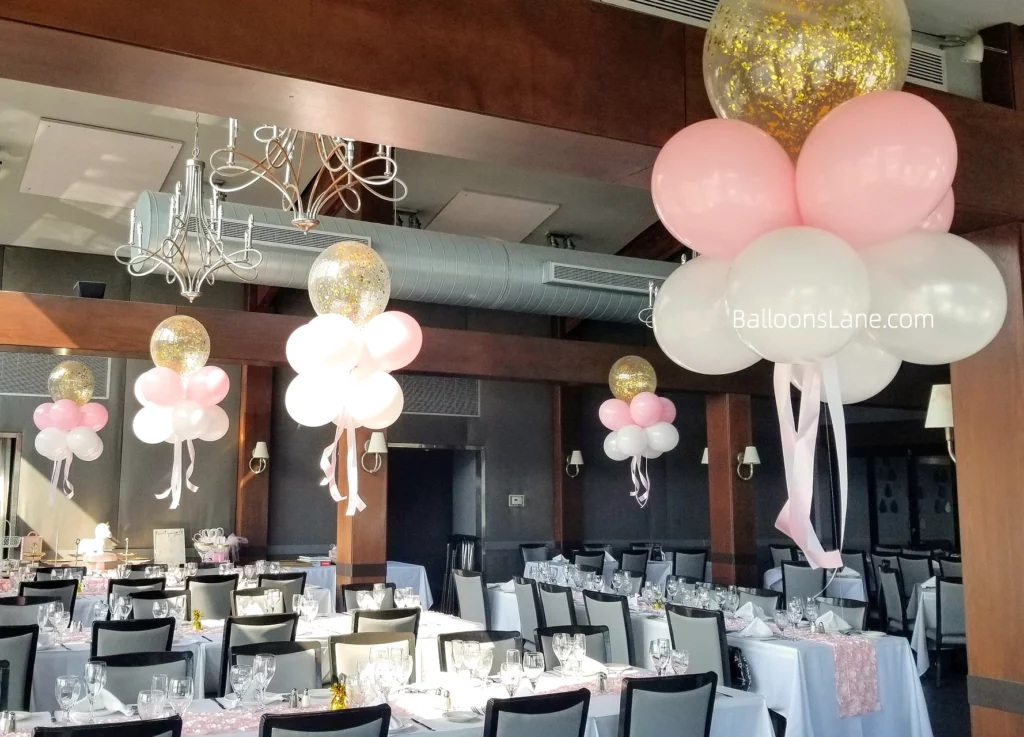 Christening Bouquet with Large Gold Confetti Balloon, White, and Pink Floating Christening Balloons in NYC
