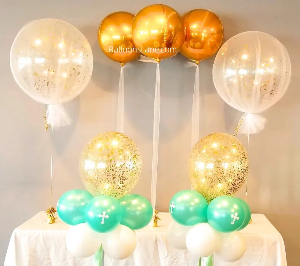 Large Confetti Balloon Stand with Sea Green, White, and Gold Balloons with Gold Balloon Stand
