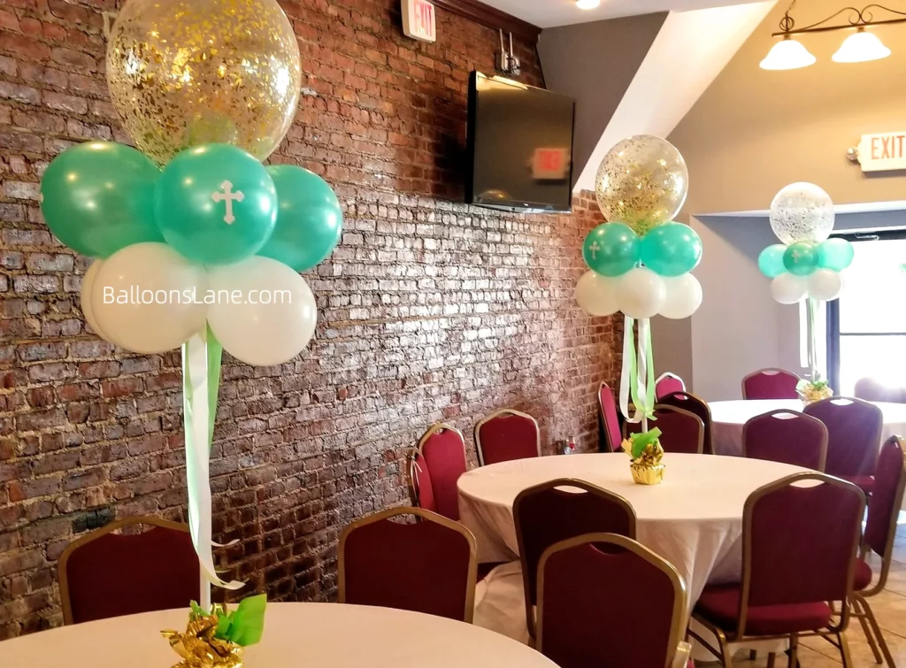 Christening Bouquet with Large Gold Confetti Balloon and Sea Green Balloons in NYC