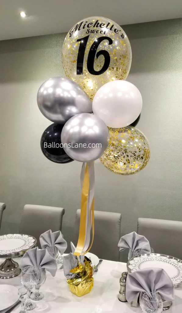 Customized Sweet 16 Balloon Bouquet with Silver, White, Black, and Gold Confetti Balloons in Staten Island