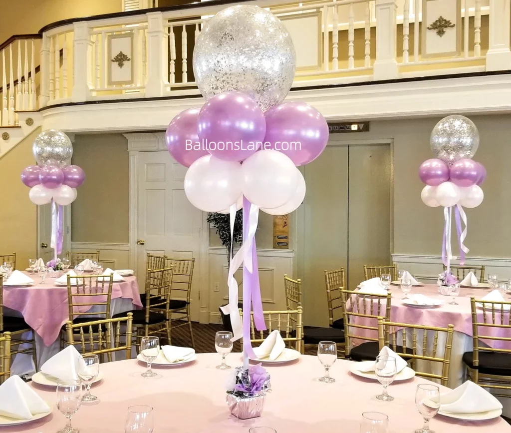 Large Silver Confetti Balloon with White and Chrome Lavender Balloon Bouquet in Brooklyn for Anniversary, Birthday, or Graduation Celebration