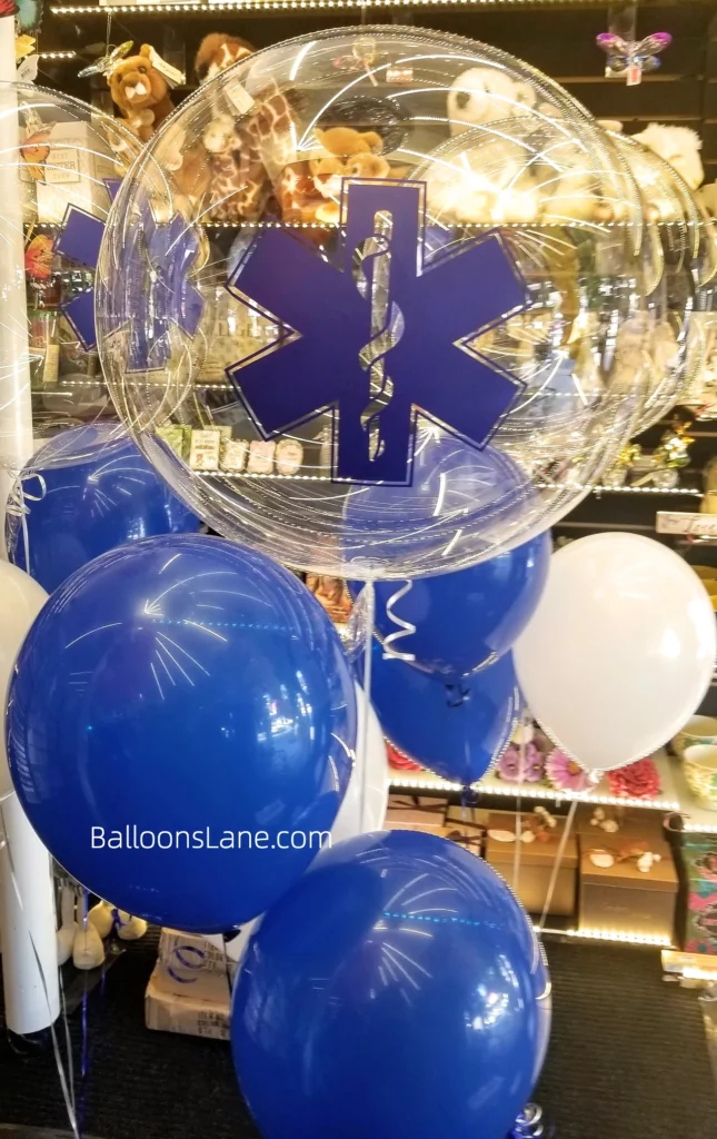 Bubble balloon Communion balloon bouquet with blue and white balloons in Manhattan