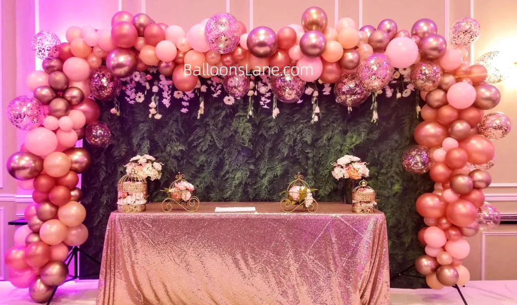 Chrome Pink, Rose Gold, and Confetti Balloon Arch to Celebrate Engagement and Birthday Parties in Brooklyn