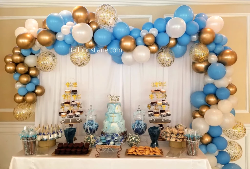 Elegant Balloon Garland Arch with Pearl White, Light Blue, Chrome Gold, and Gold Confetti Balloons