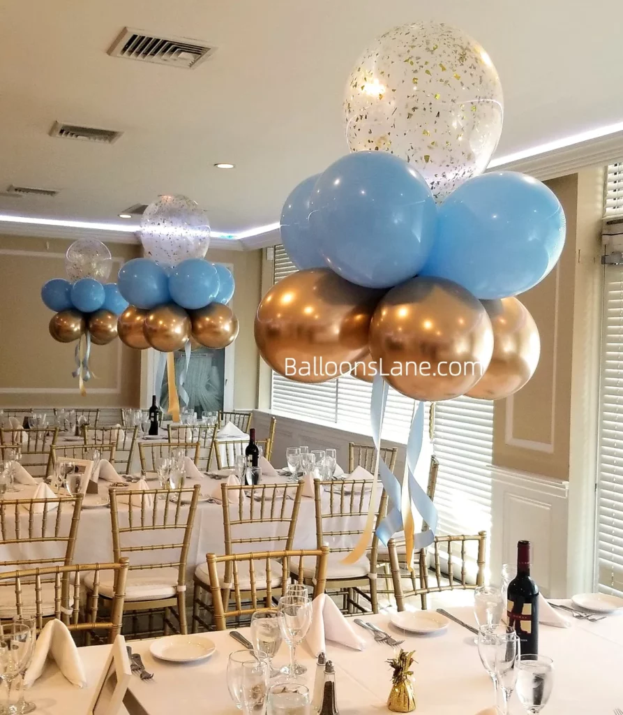 Balloons Lane Presents First Holy Communion in Brooklyn: White, Blue, and White Confetti Customized Balloon with Blue Balloons