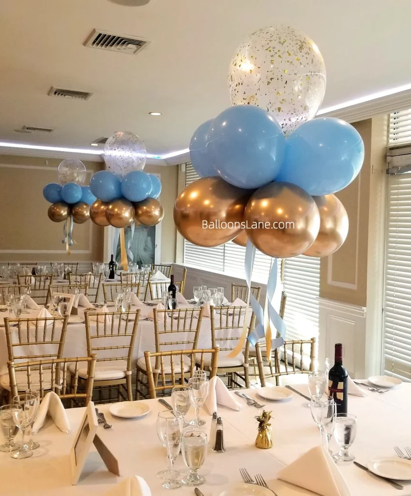 Christening balloons bouquet with blue and gold confetti balloons in NJ