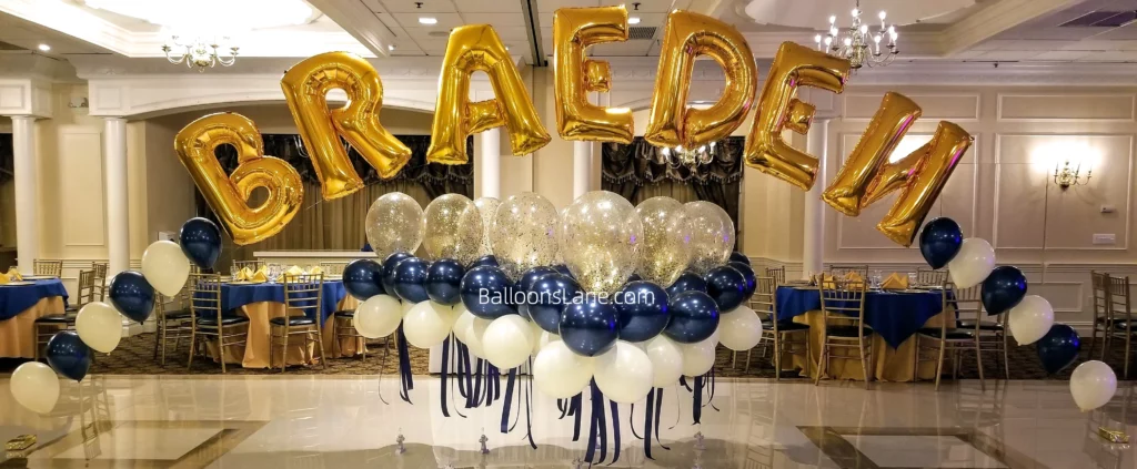 Gold Letter Balloons with Blue, White, and Confetti Balloons in Brooklyn