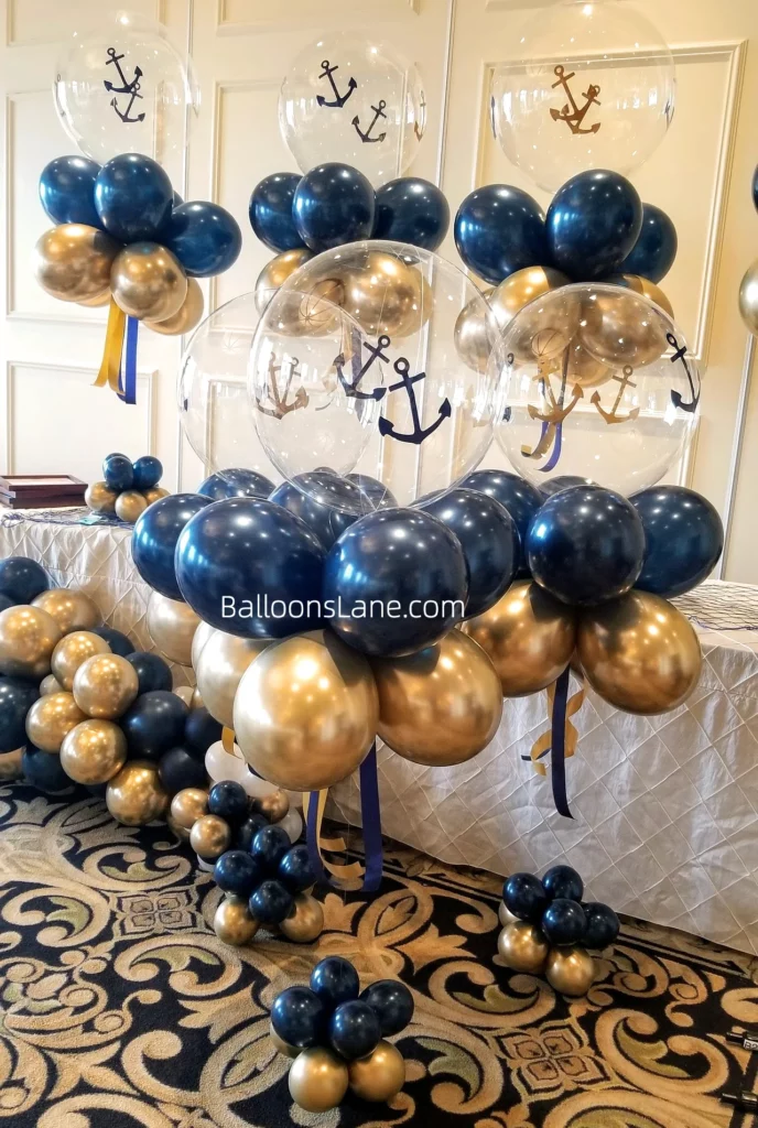 Bubble balloon Communion balloon bouquet with blue and gold balloons in Brooklyn