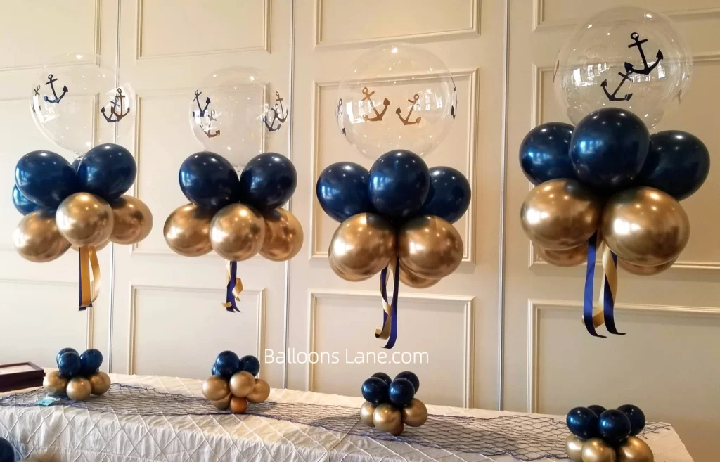 Gold and Blue Chrome Balloons Floating with Custom Bubble Balloon to Celebrate Communion in NJ