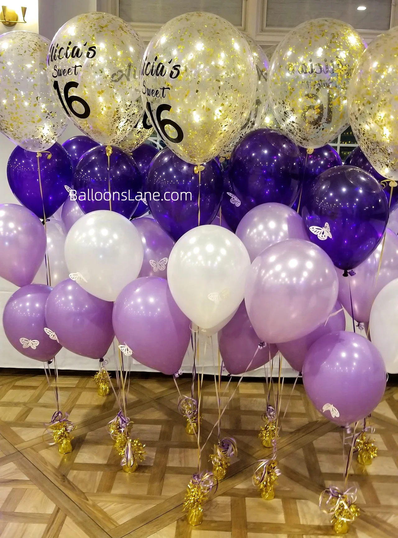 Birth Anniversary Balloon Bouquet: Purple, Blue, and White Balloons with Customized Confetti Balloons in NYC