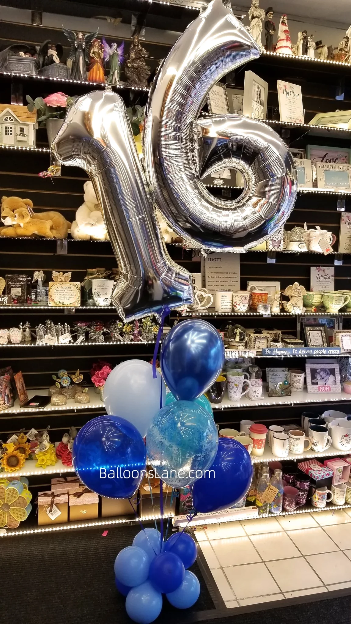Sweet Sixteen Number Balloons Bouquet with Blue and White Balloons and Blue Confetti Balloons in NYC