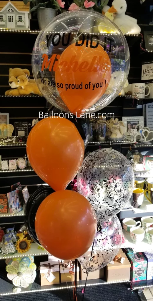 "You Did It" Personalized Bubble Balloon Bouquet with Orange, Black, and Silver Confetti Latex Balloons in NJ