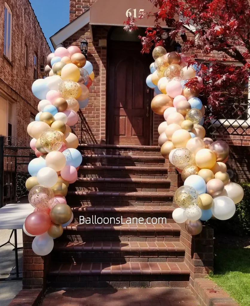 Pastel Balloon Garland Adorning a Staircase in Brooklyn
