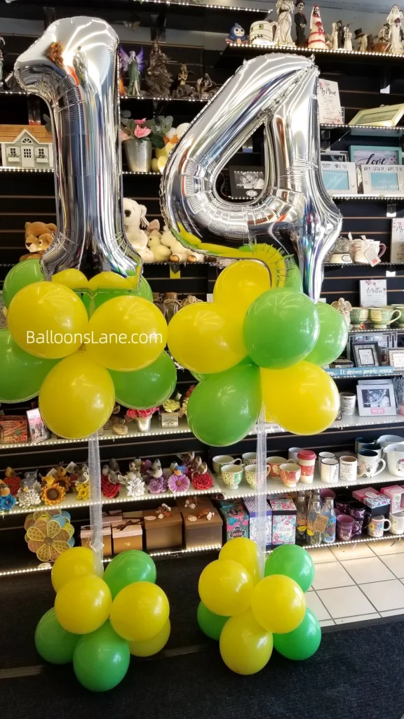 Vibrant Green and Yellow Balloon Bouquet for 14th Birthday/Anniversary Celebration in Brooklyn