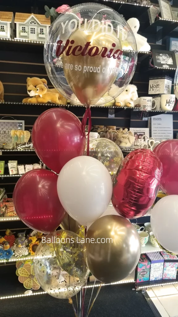 Customized "You Did It" Bubble Balloon Bouquet with Gold and Pink Balloons, Latex Balloons, and Gold Confetti Balloon in New Jersey