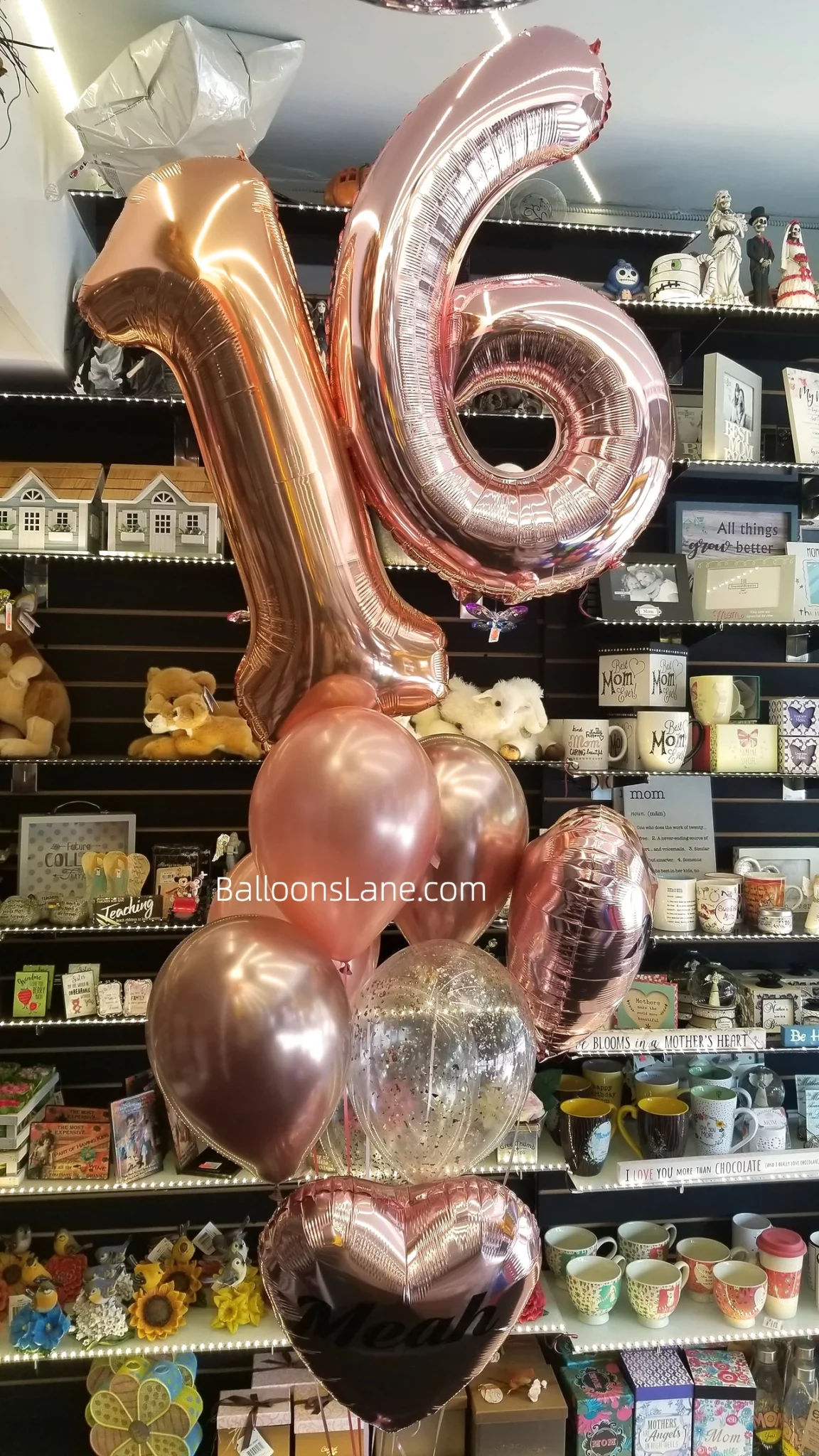 Sixteen Number Balloons Bouquet with, Rose Gold Heart-Shaped Balloons, and Pink Confetti Balloons in NYC