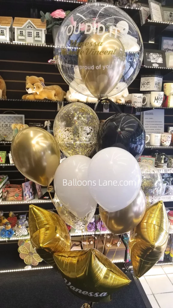 You Did It" Customized Balloon Bouquet with Gold, White, Black Balloons, and Gold Star Confetti in Staten Island