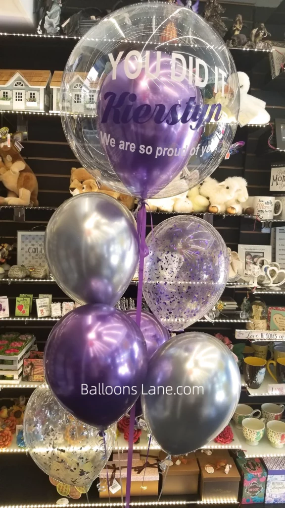 "You Did It" Customized Balloon Bouquet with Purple and Silver Balloons and Purple Confetti in NJ