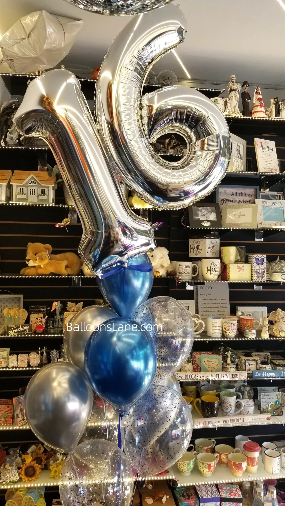 Sweet Sixteen Number Balloons Bouquet with Blue and White Balloons and Blue Confetti Balloons in NYC