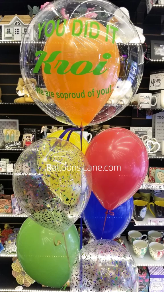 "You Did It" Customized Bubble Balloon Bouquet with Green and Red Balloons, and Blue and Green Accents in NJ