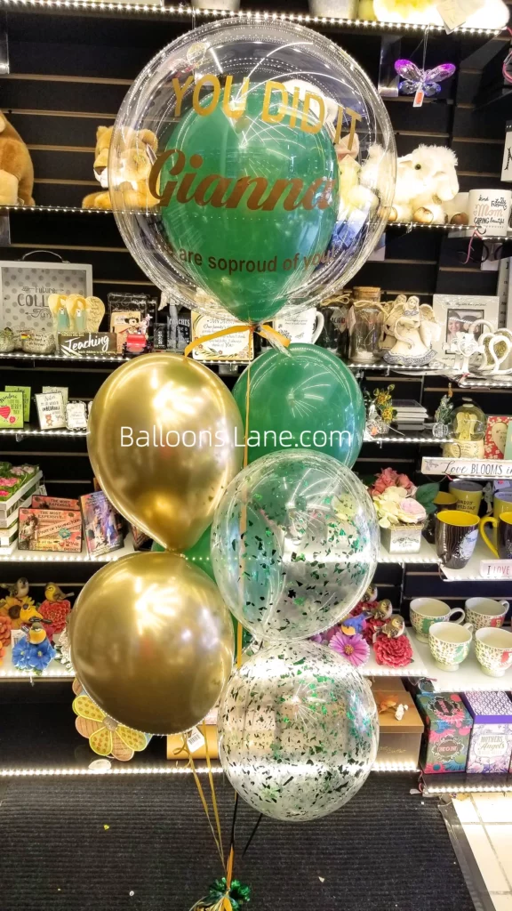 "You Did It" Balloon Bouquet with Gold and Green Latex Balloons, and Gold Foil Balloons in New Jersey