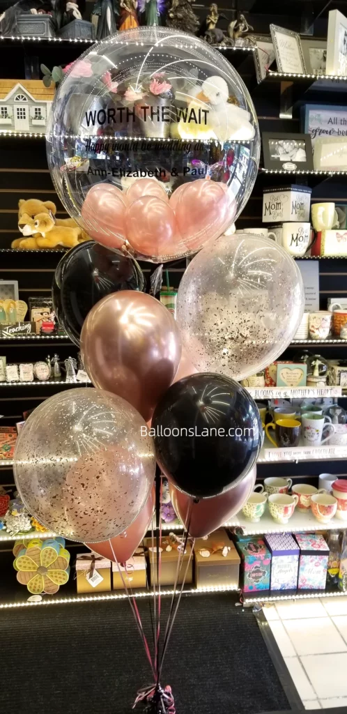Customized Birthday Balloon Bouquet with Confetti Balloon, Rose Gold, and Black Balloons in NYC